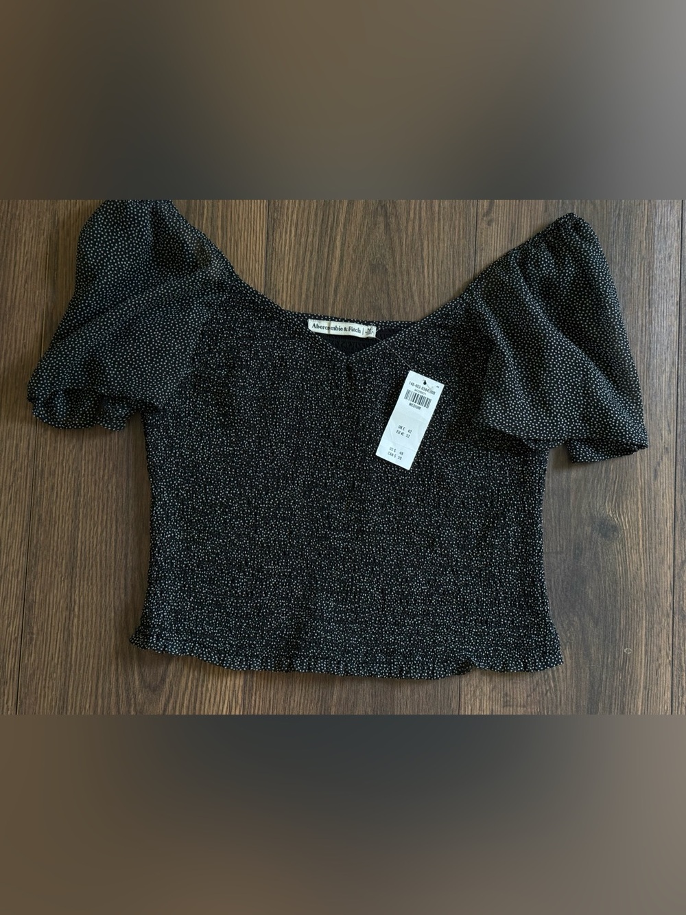 Abercrombie & Fitch Smocked Puff Sleeve Crop Top Black White Dot M NWT